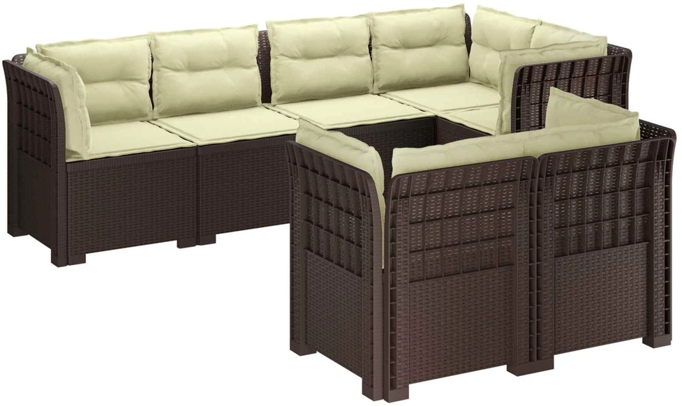 7-Vietis Sodo Sofa su Pagalvėlėmis Ratanas PP Ruda