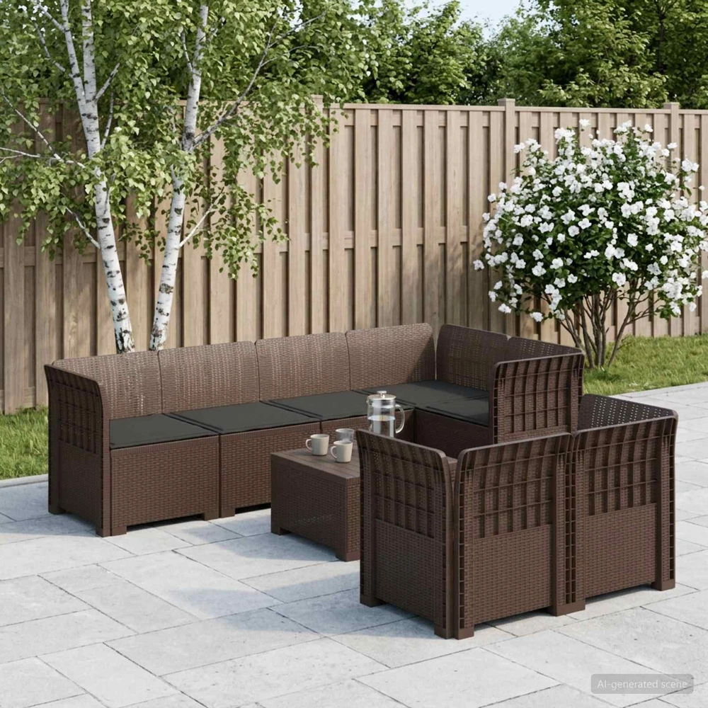 7-Vietis Sodo Sofa su Pagalvėlėmis Ratanas PP Ruda