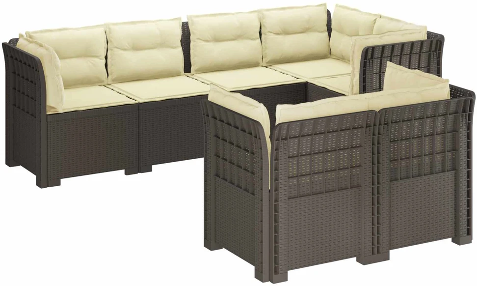 7-Vietis Sodo Sofa su Pagalvėlėmis Ratanas PP Šviesiai pilka
