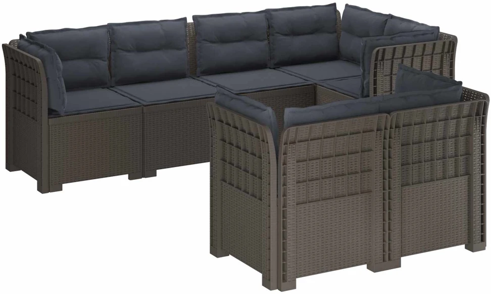 7-Vietis Sodo Sofa su Pagalvėlėmis Ratanas PP Šviesiai pilka