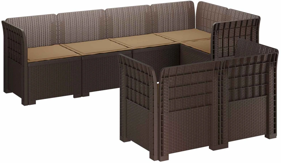7-Vietis Sodo Sofa su Pagalvėlėmis Ratanas PP Ruda