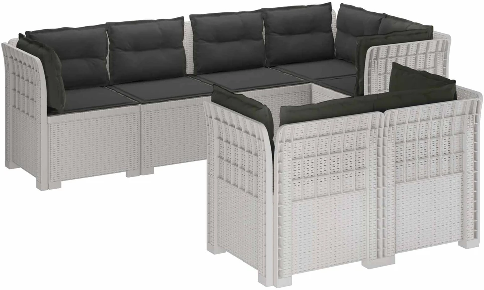 7-Vietis Sodo Sofa su Pagalvėlėmis Ratanas PP Balta