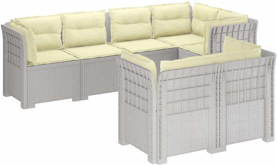 7-Vietis Sodo Sofa su Pagalvėlėmis Ratanas PP Balta