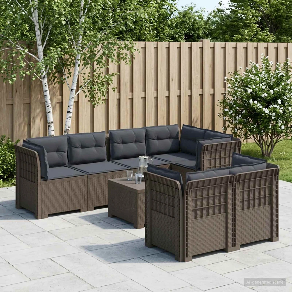 7-Vietis Sodo Sofa su Pagalvėlėmis Ratanas PP Šviesiai pilka