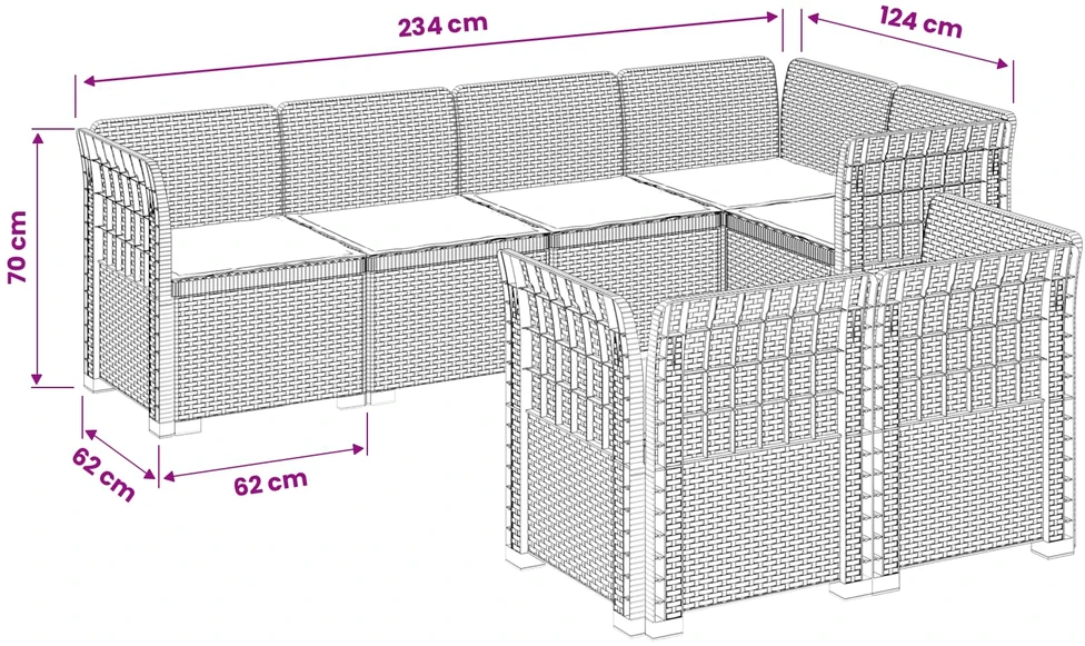 7-Vietis Sodo Sofa su Pagalvėlėmis Ratanas PP Balta