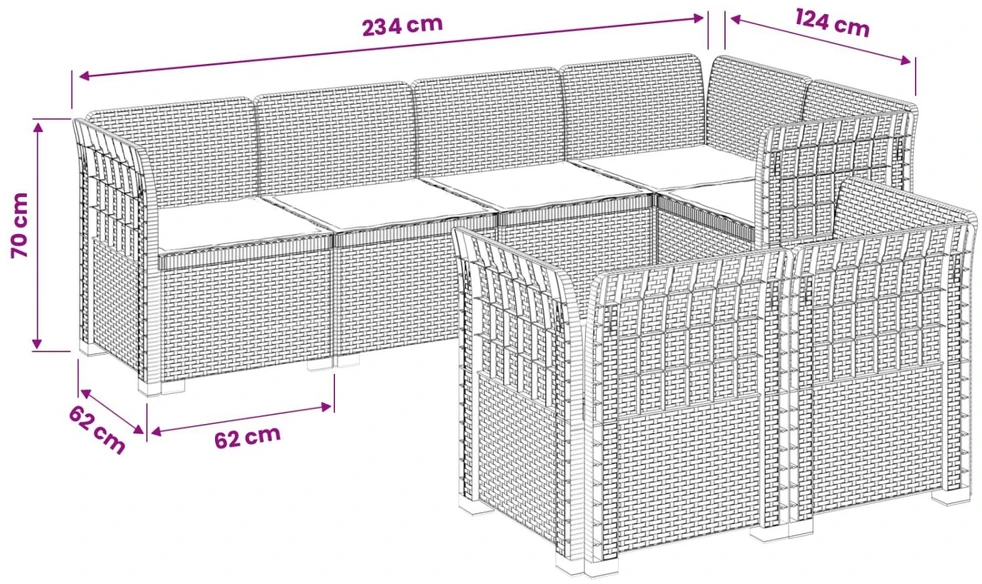 7-Vietis Sodo Sofa su Pagalvėlėmis Ratanas PP Balta
