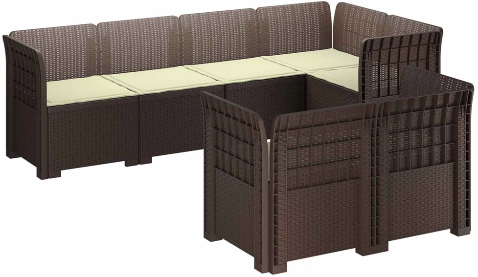 7-Vietis Sodo Sofa su Pagalvėlėmis Ratanas PP Ruda