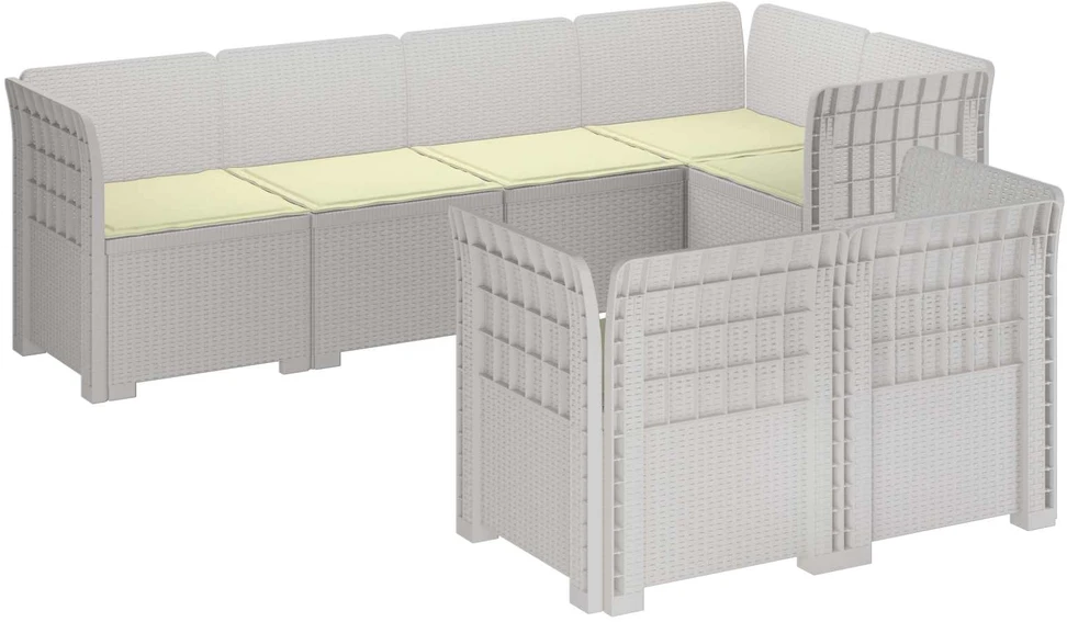 7-Vietis Sodo Sofa su Pagalvėlėmis Ratanas PP Balta