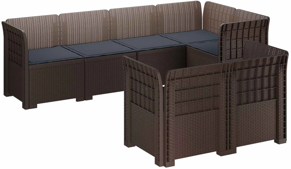7-Vietis Sodo Sofa su Pagalvėlėmis Ratanas PP Ruda