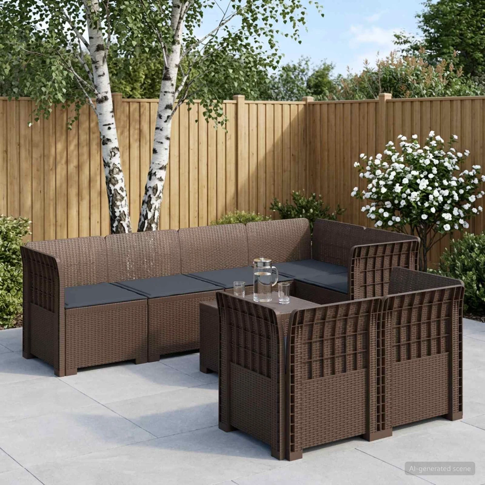 7-Vietis Sodo Sofa su Pagalvėlėmis Ratanas PP Ruda