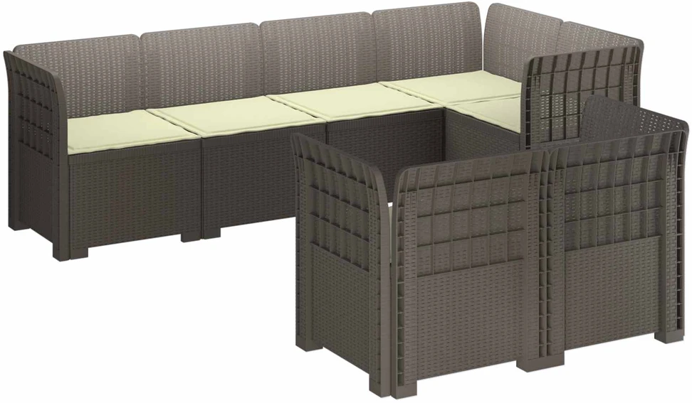 7-Vietis Sodo Sofa su Pagalvėlėmis Ratanas PP Šviesiai pilka