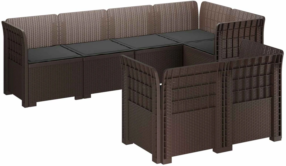 7-Vietis Sodo Sofa su Pagalvėlėmis Ratanas PP Ruda