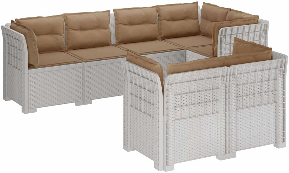 7-Vietis Sodo Sofa su Pagalvėlėmis Ratanas PP Balta