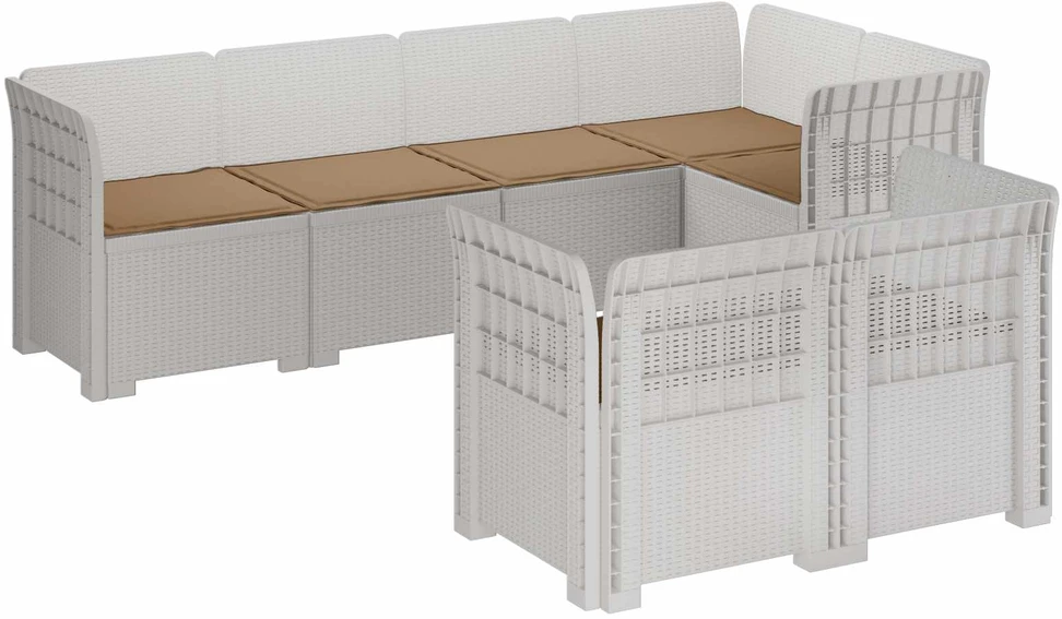 7-Vietis Sodo Sofa su Pagalvėlėmis Ratanas PP Balta