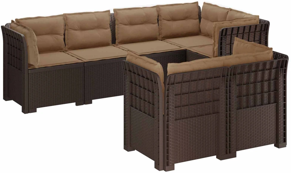 7-Vietis Sodo Sofa su Pagalvėlėmis Ratanas PP Ruda