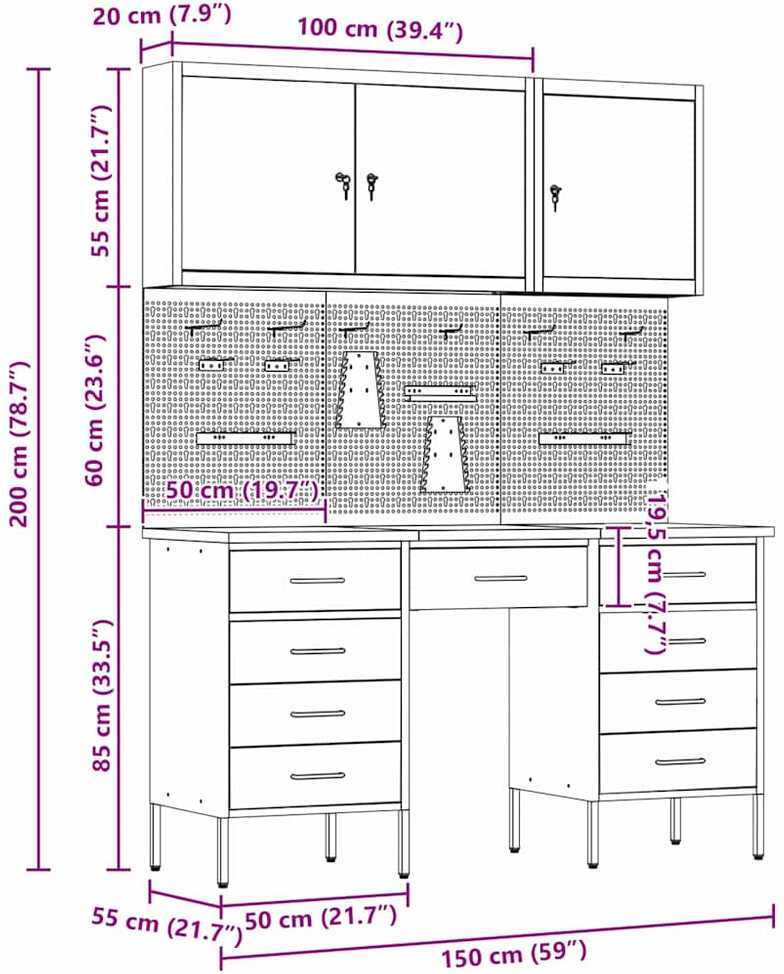 Darbo spinta 8 pcs Juoda Inžinerinė mediena ir plienas