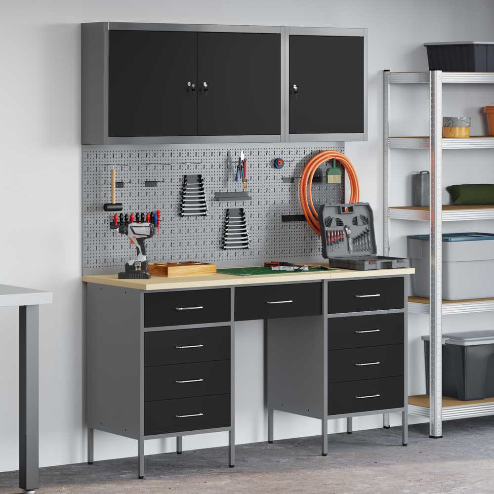 Darbo spinta 8 pcs Juoda Inžinerinė mediena ir plienas