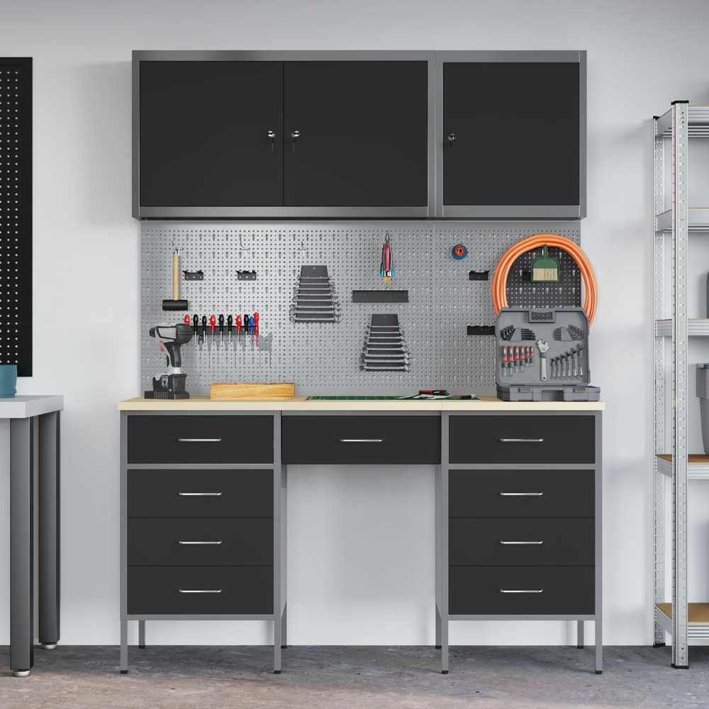 Darbo spinta 8 pcs Juoda Inžinerinė mediena ir plienas