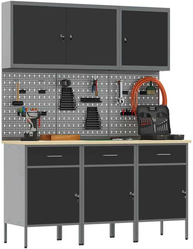 Darbastalis su stalčių 8 pcs Juoda 150 x 55 x 200 cm Plienas