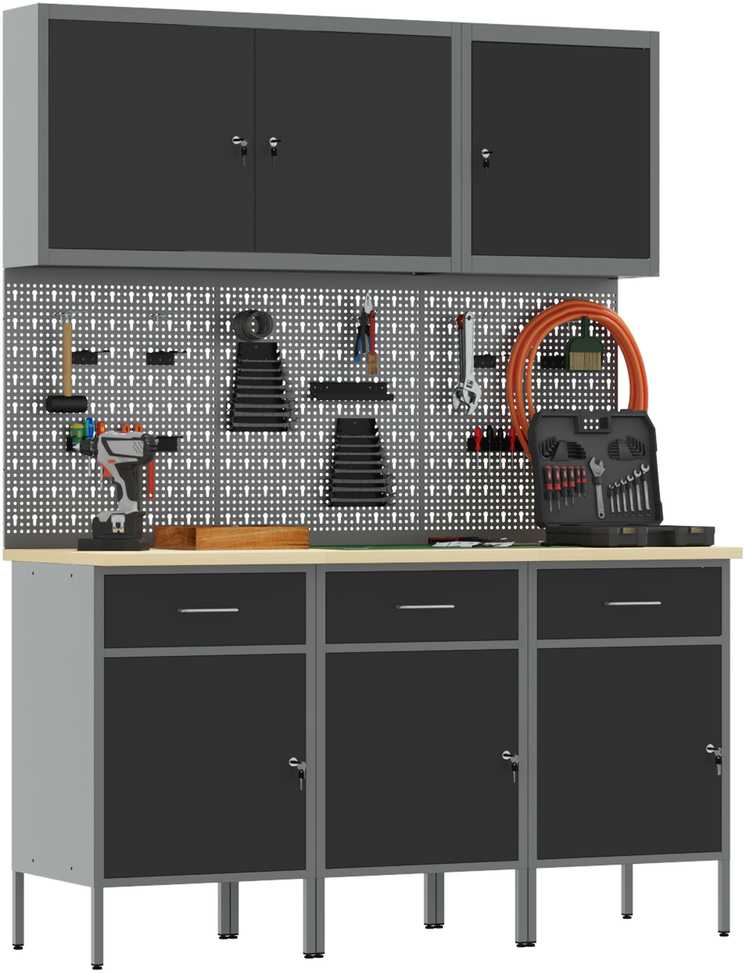 Darbastalis su stalčių 8 pcs Juoda 150 x 55 x 200 cm Plienas