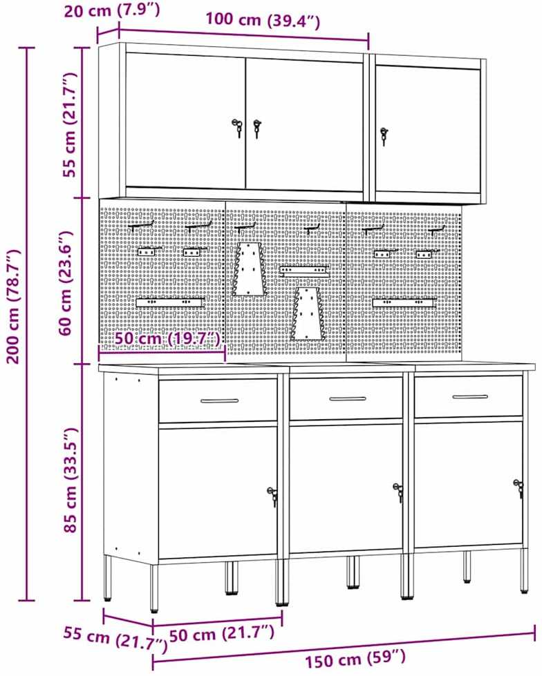 Darbastalis su stalčių 8 pcs Juoda 150 x 55 x 200 cm Plienas