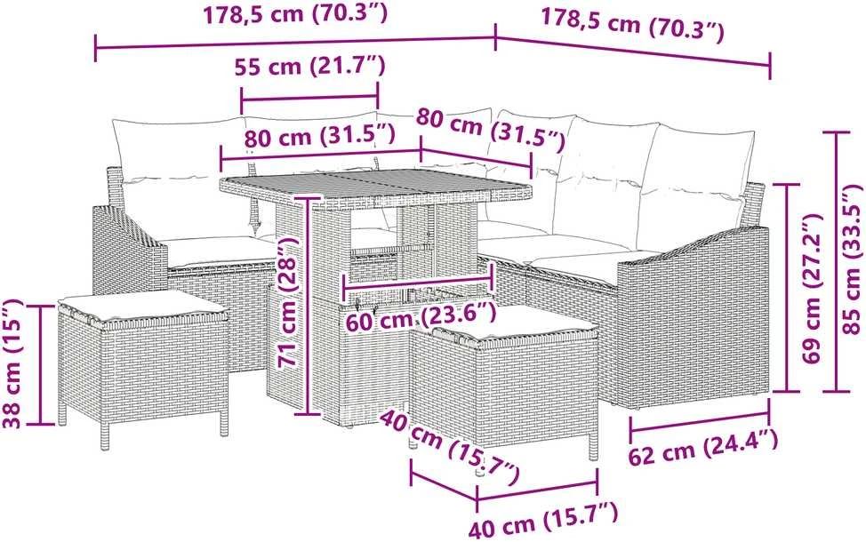Sodo Sofų Rinkinys 8 vnt. 7-Vietų skaičius Pilka Poli ratanas