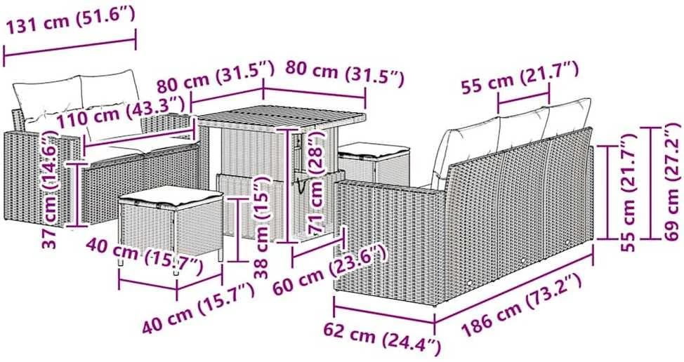 Lauko baldų komplektas Sodo Sofų Rinkinys su pagalve 8 pcs Juoda poliratanas