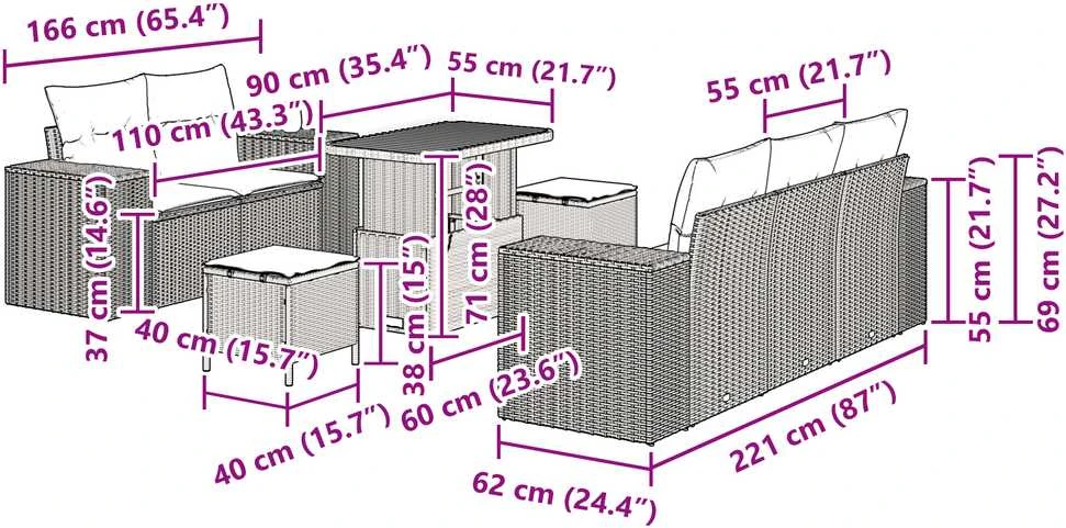 Lauko baldų komplektas Sodo Sofų Rinkinys 8 pcs Juoda poliratanas