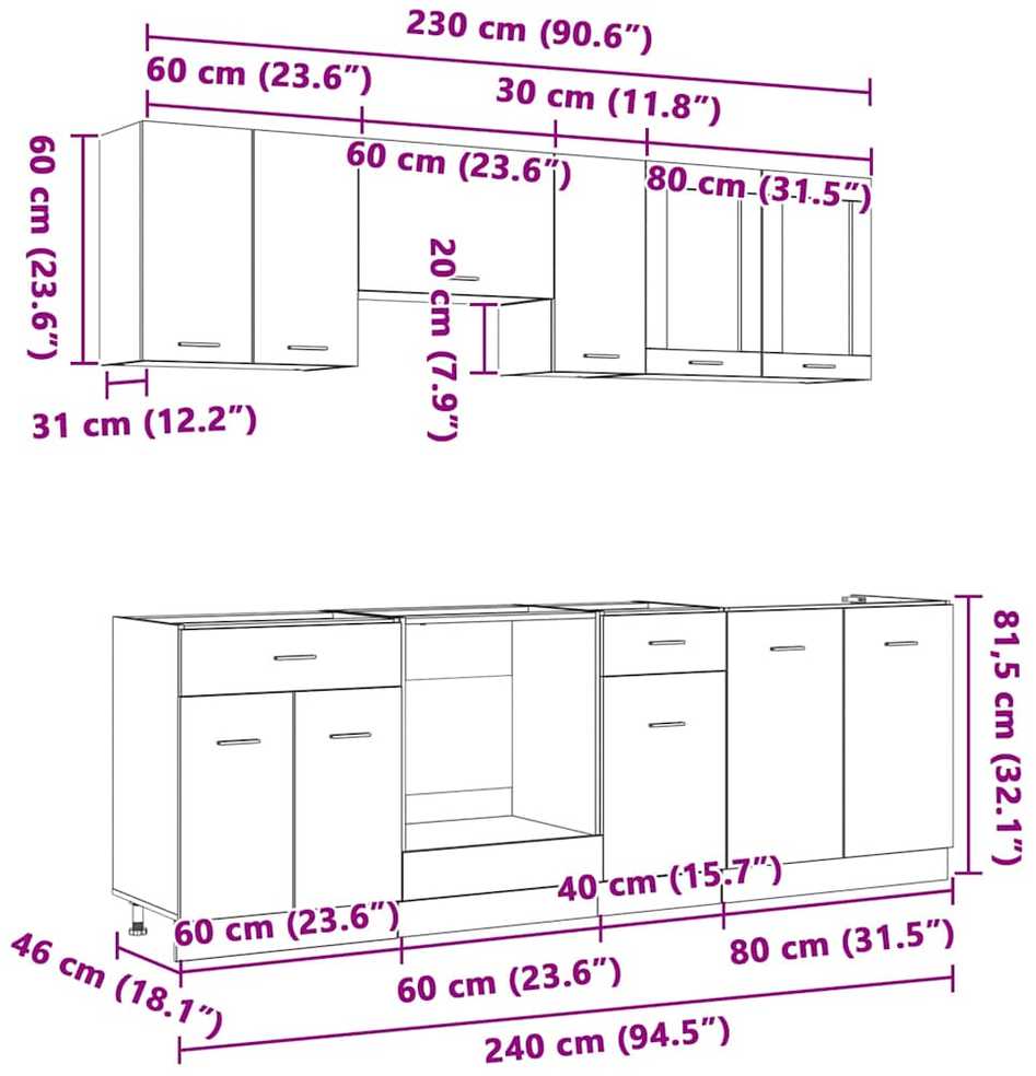 Virtuvės spintelių komplektas Lyon 8 pcs Pilkas Sonoma