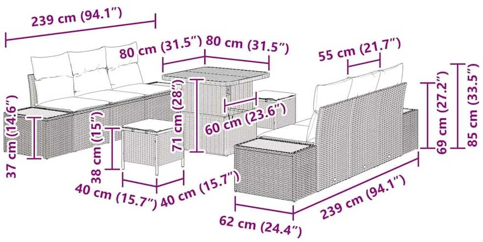 Lauko baldų komplektas Sodo Sofų Rinkinys 9 pcs Juoda poliratanas