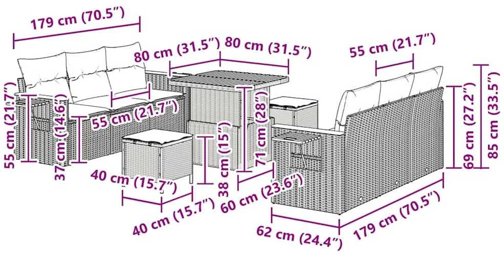 Sodo Sofų Rinkinys 9 vnt. 8-Vietų skaičius Pilka