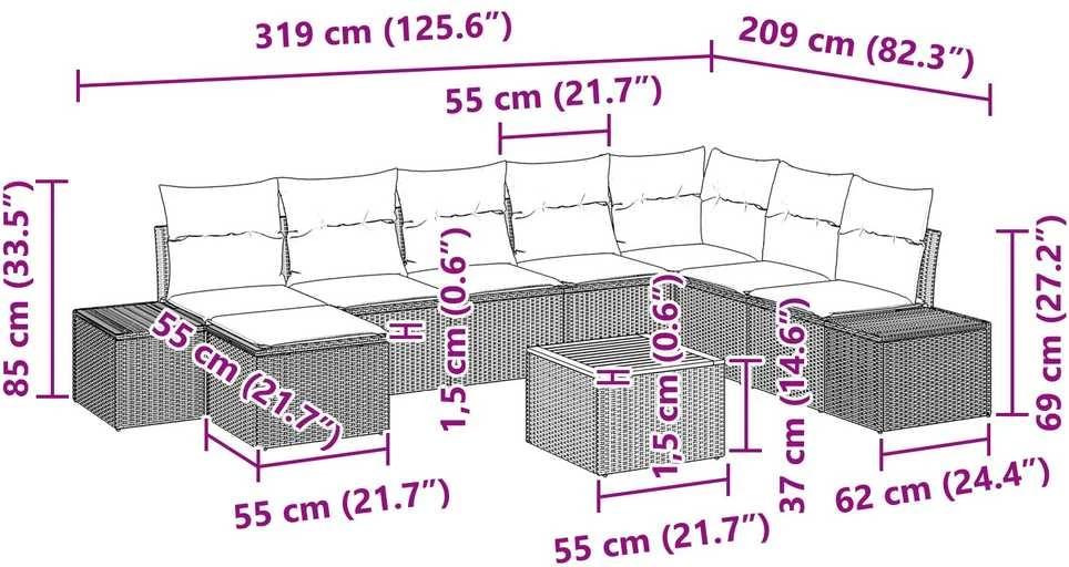 Lauko baldų komplektas Sodo Sofų Rinkinys 9 vnt. Smėlio ir balta