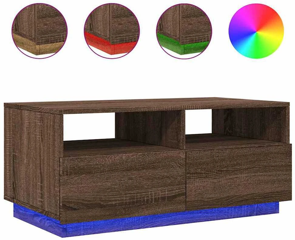 Kavos staliukas su LED lemputėmis, rudas ąžuolo, 90x49x40cm