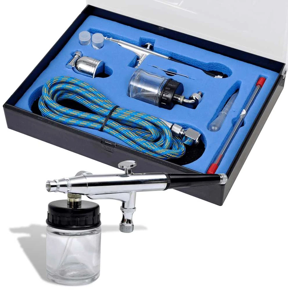 Aerografo rinkinys su stikliniu indeliu, 0,2/0,3/0,5mm antgaliai