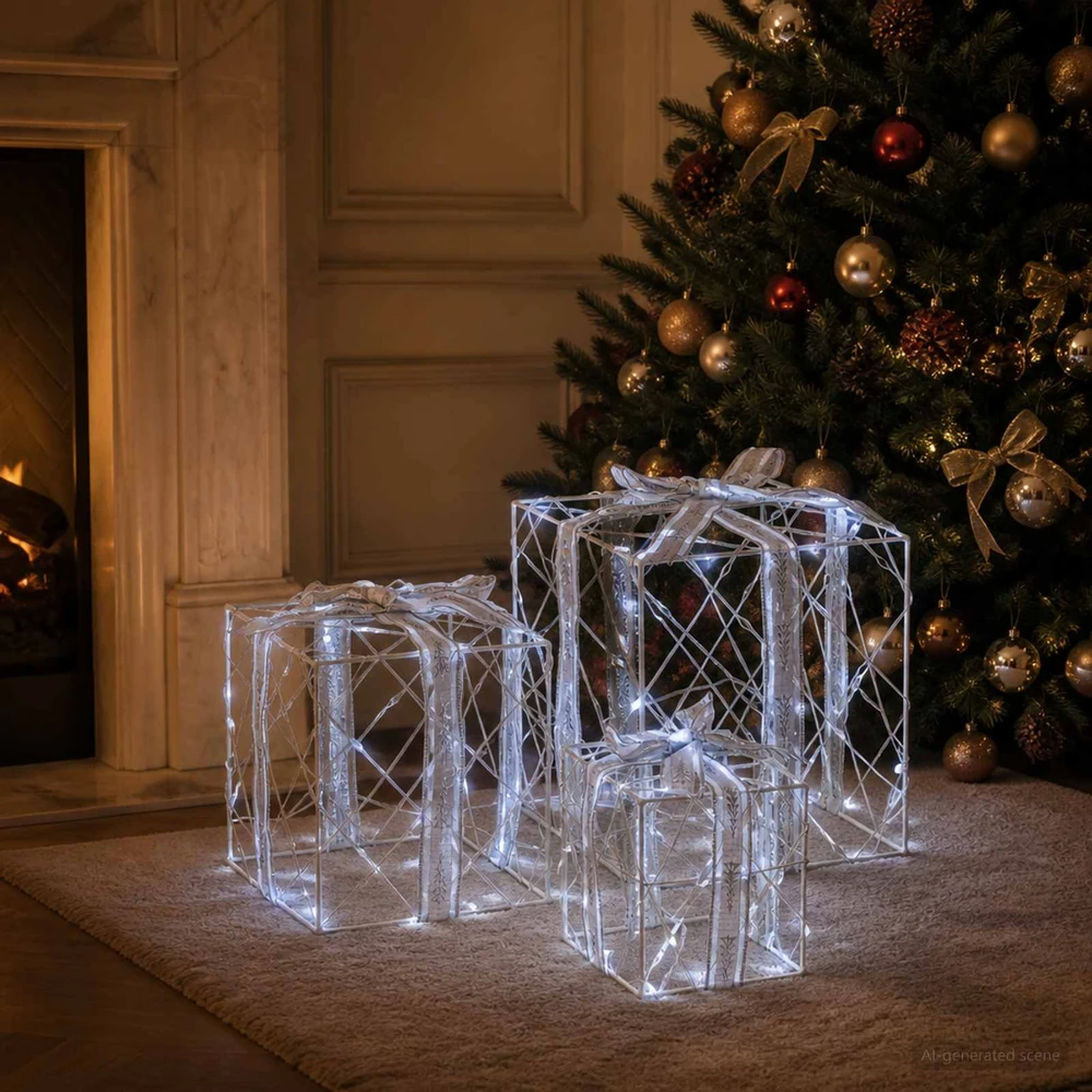 Apšviesta Kalėdinė Dovana 3 vnt. 150 LED Šalta balta