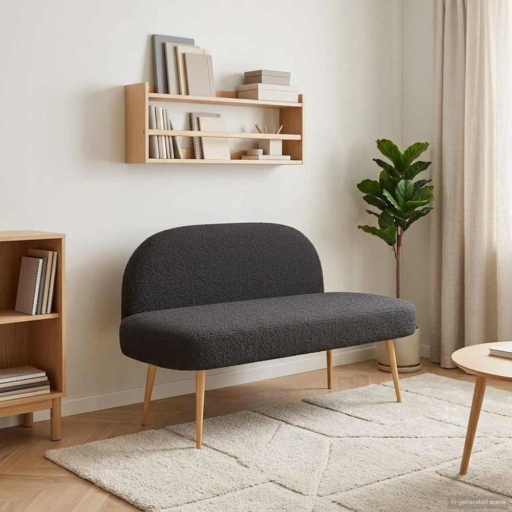 Aptrauktas suolelis su atlošu Juoda 110 x 60 x 76 cm Bouclé
