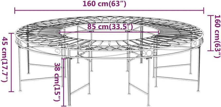 Apvalus suoliukas aplink medį, juodas, 160cm skersmens, plienas