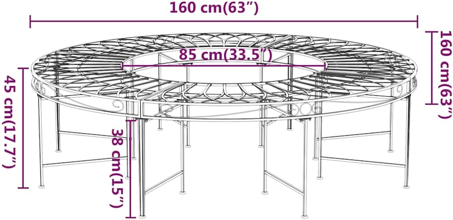 Apvalus suoliukas aplink medį, juodas, 160cm skersmens, plienas