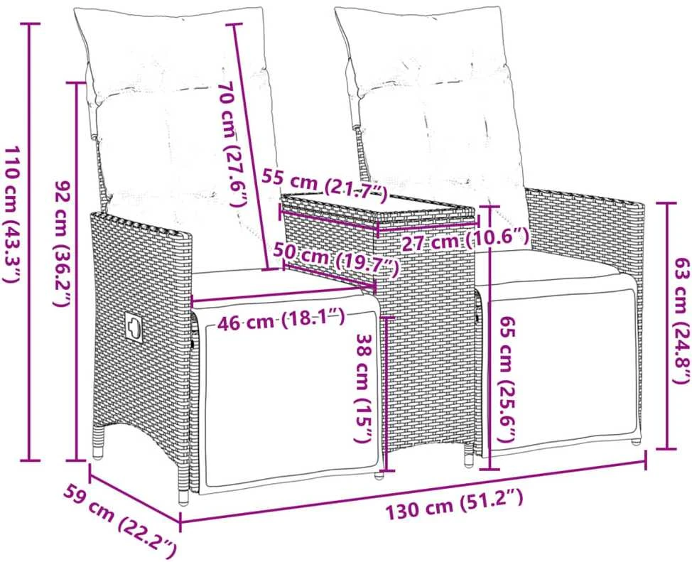 Atlošiama dvivietė sodo sofa su staliuku, ruda, poliratanas