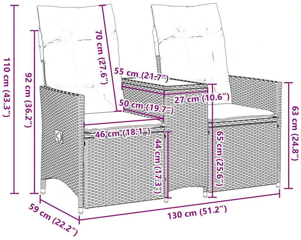 Atlošiama sodo sofa, 2 vietų, su staliuku, pilka, polirotangas