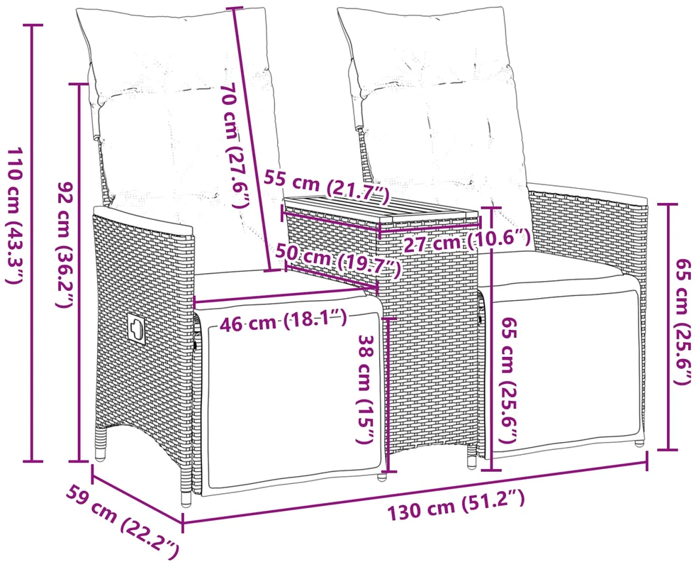 Atlošiama sodo sofa, 2 vietų, su staliuku, pilka, polirotangas
