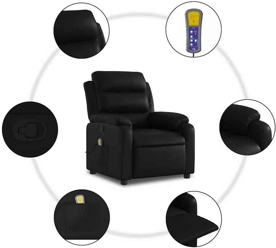 Fotelis Atlošiamas masažinis krėslas, juodos spalvos, dirbtinė oda