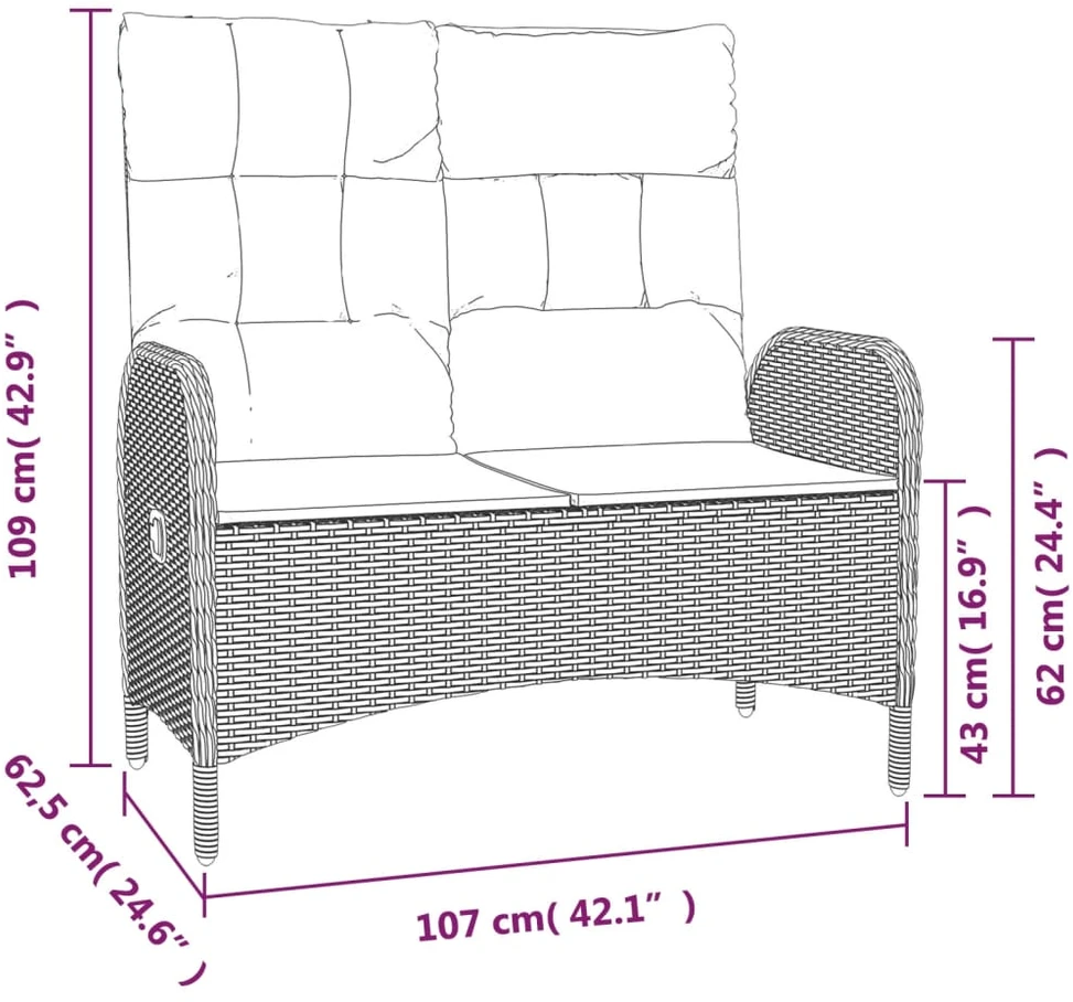 Atlošiamas sodo suoliukas su pagalvėmis, juodas, 107cm, ratanas