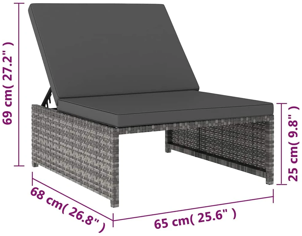 Sofa Saulės gultai su staliuku, 2vnt., pilkos spalvos, poliratanas