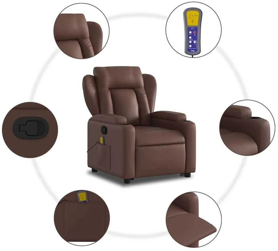 Fotelis Atsistojantis atlošiamas masažinis krėslas, rudas, dirbtinė oda