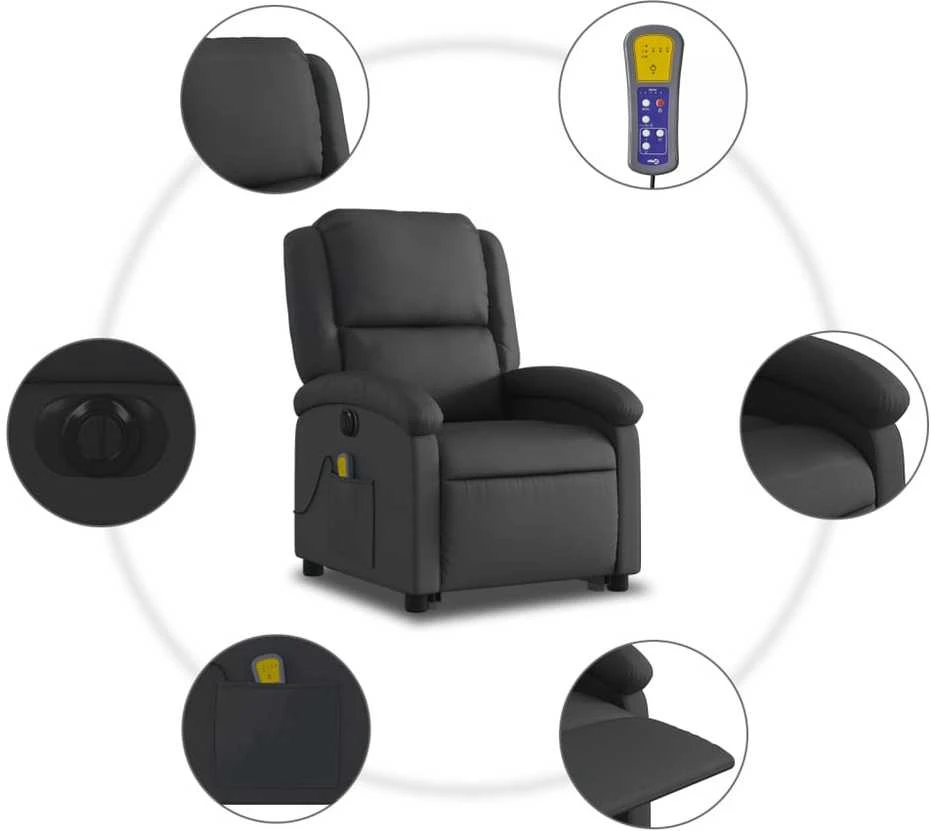 Fotelis Atsistojantis elektrinis masažinis krėslas, juodas, tikra oda