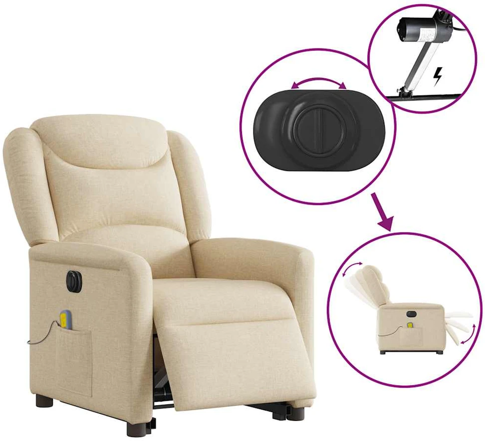 Fotelis Atsistojantis elektrinis masažinis krėslas, kreminis, audinys