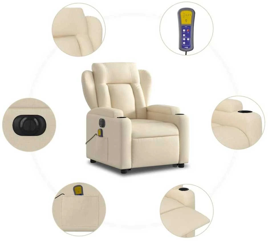 Fotelis Atsistojantis elektrinis masažinis krėslas, kreminis, audinys