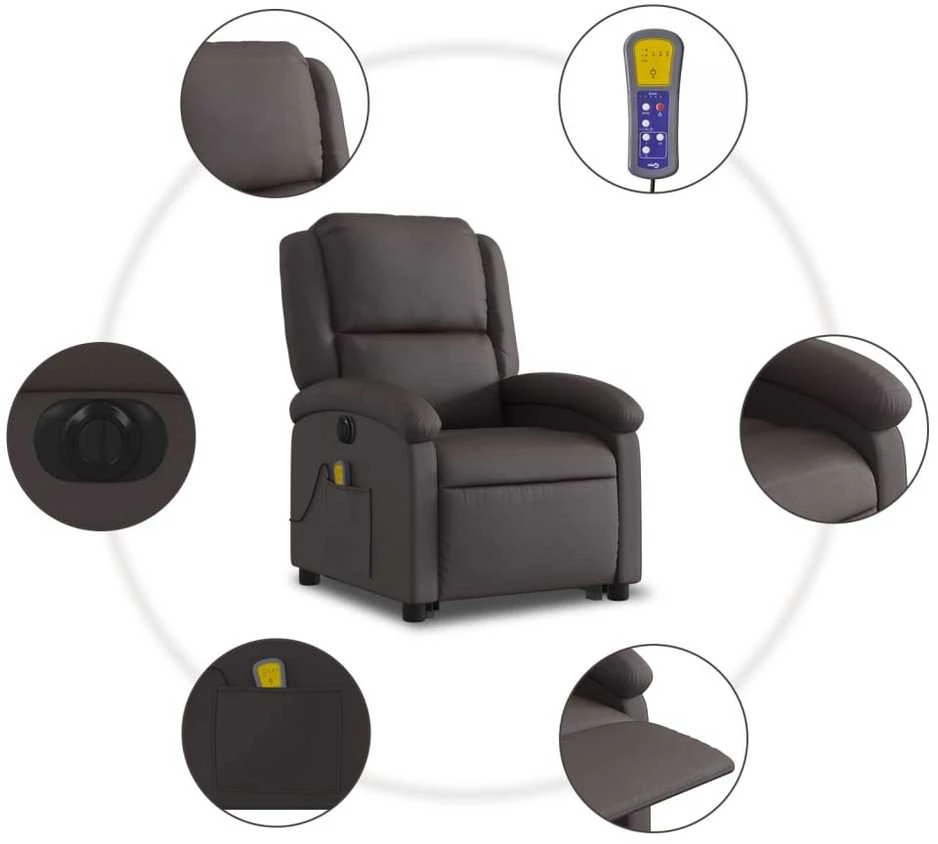 Fotelis Atsistojantis elektrinis masažinis krėslas, rudas, tikra oda