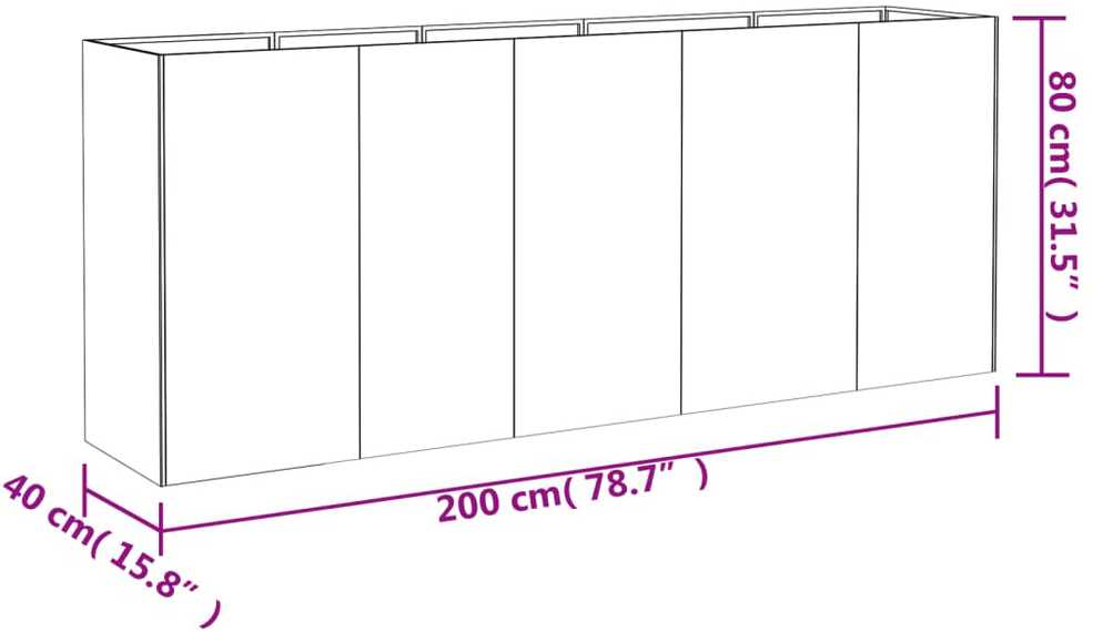 Aukštas sodo lovelis, 200x40x80cm, Corten plienas